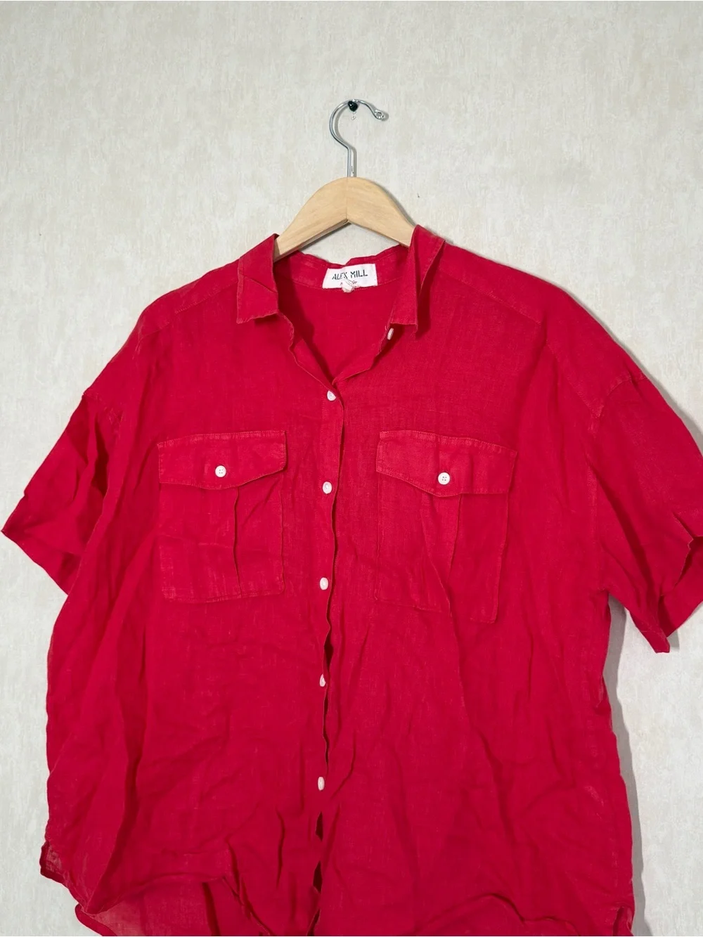 Alex Mill Women’s Wash & Go 100% Linen Utility Shirt Shortsleeve in Red XL